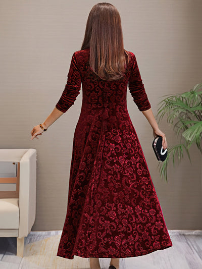 Elegantes V-Ausschnitt Langarm Blumenmusterformelles Kleid Für Damen | Für formelle Anlässe