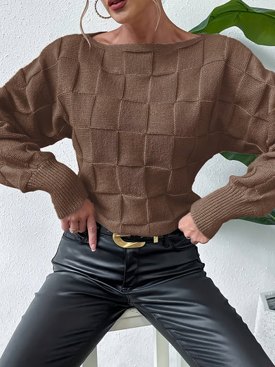 Lässiger Baumwollpullover mit Bootsausschnitt und karierten langen Ärmeln für Damen | Perfekt für lässige Tage