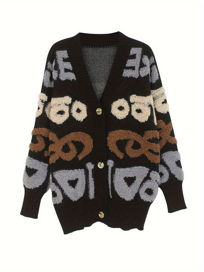Stilvolle Buchstabenmuster Strickjacke Für Damen | Ideal für den Alltag