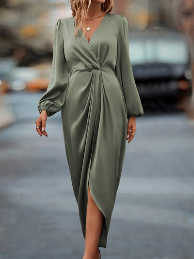 Stylisches Seidiges Rüschierter Taillierter Wickel Surplice-Ausschnittformelles Kleid Für Damen | Für formelle Anlässe