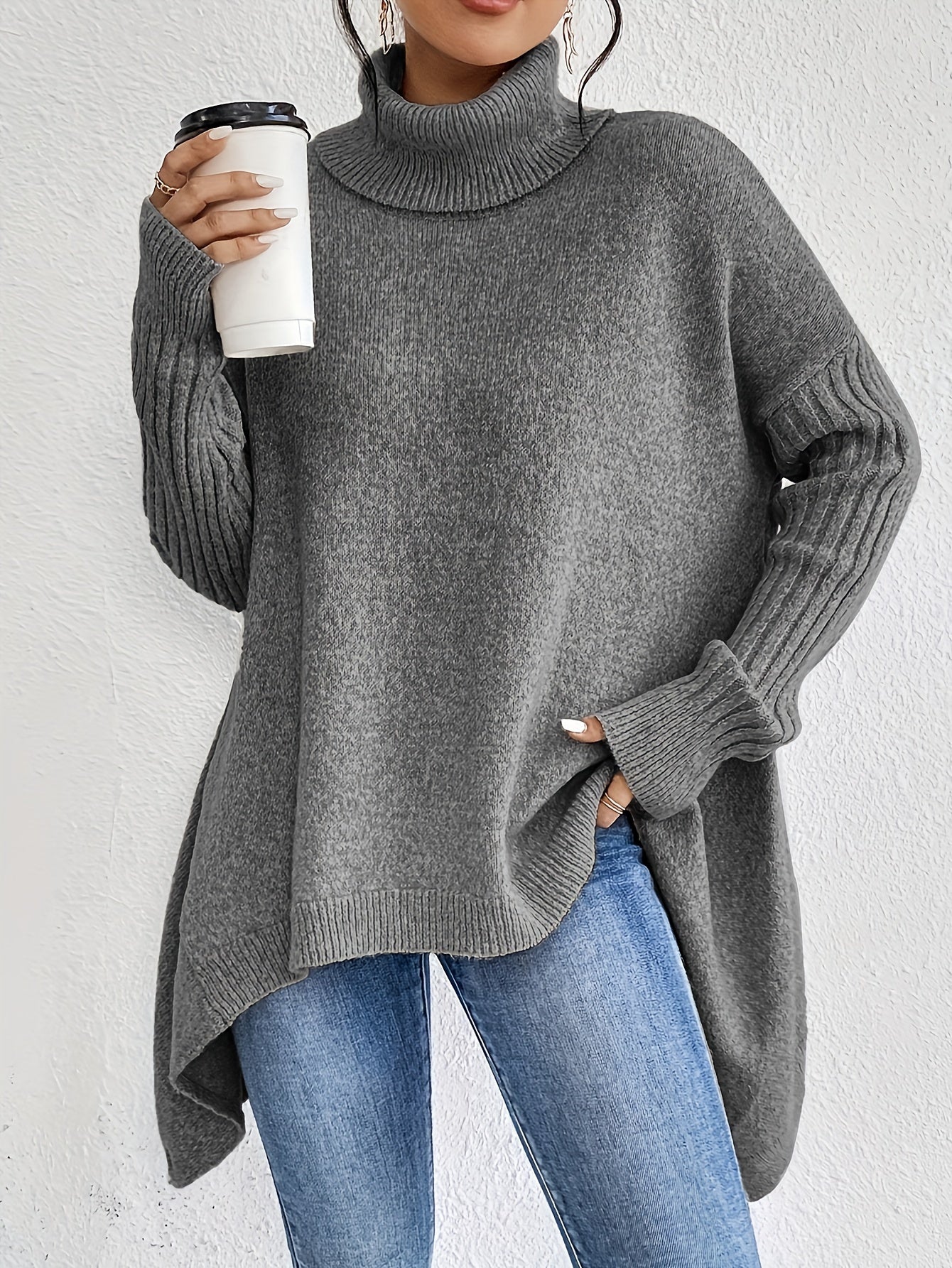 Lässiger Baumwollpullover mit asymmetrischem Saum und Rollkragen für Damen | Perfekt für Alltagstrage