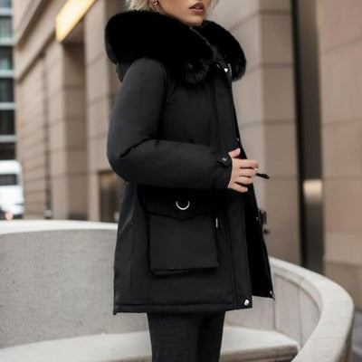 Damen Elegante Winterjacke mit Abnehmbarem Kunstpelz