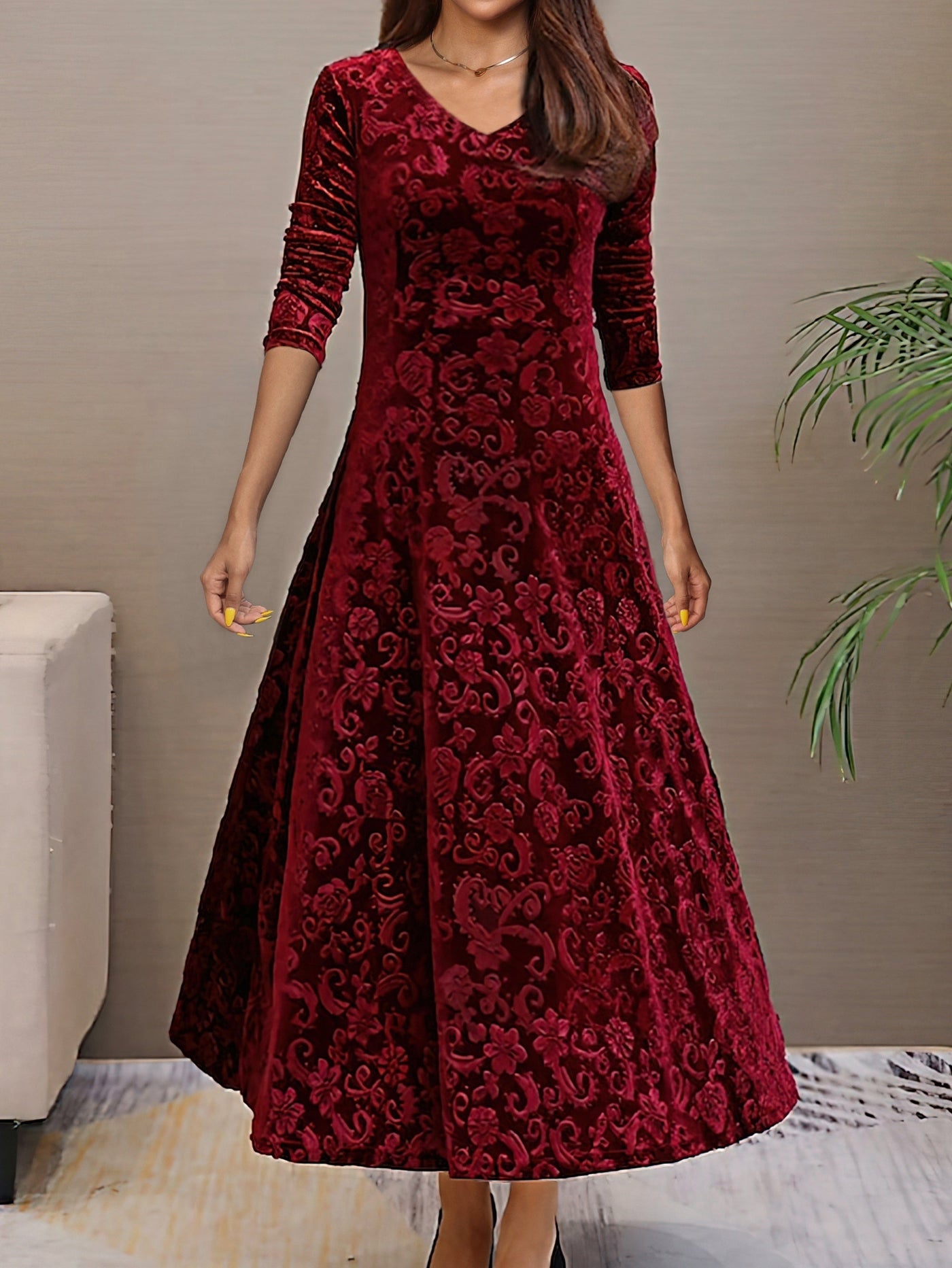 Elegantes V-Ausschnitt Langarm Blumenmusterformelles Kleid Für Damen | Für formelle Anlässe