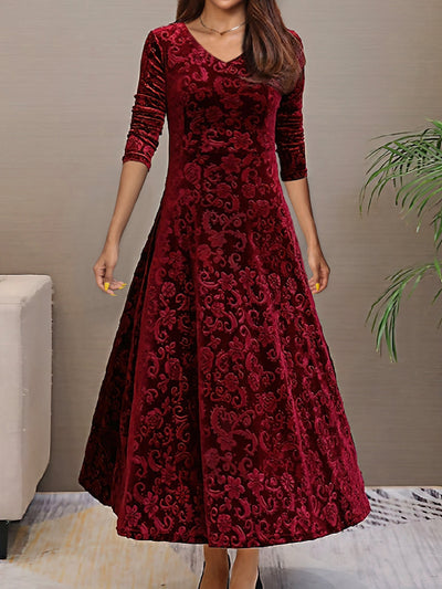Elegantes V-Ausschnitt Langarm Blumenmusterformelles Kleid Für Damen | Für formelle Anlässe