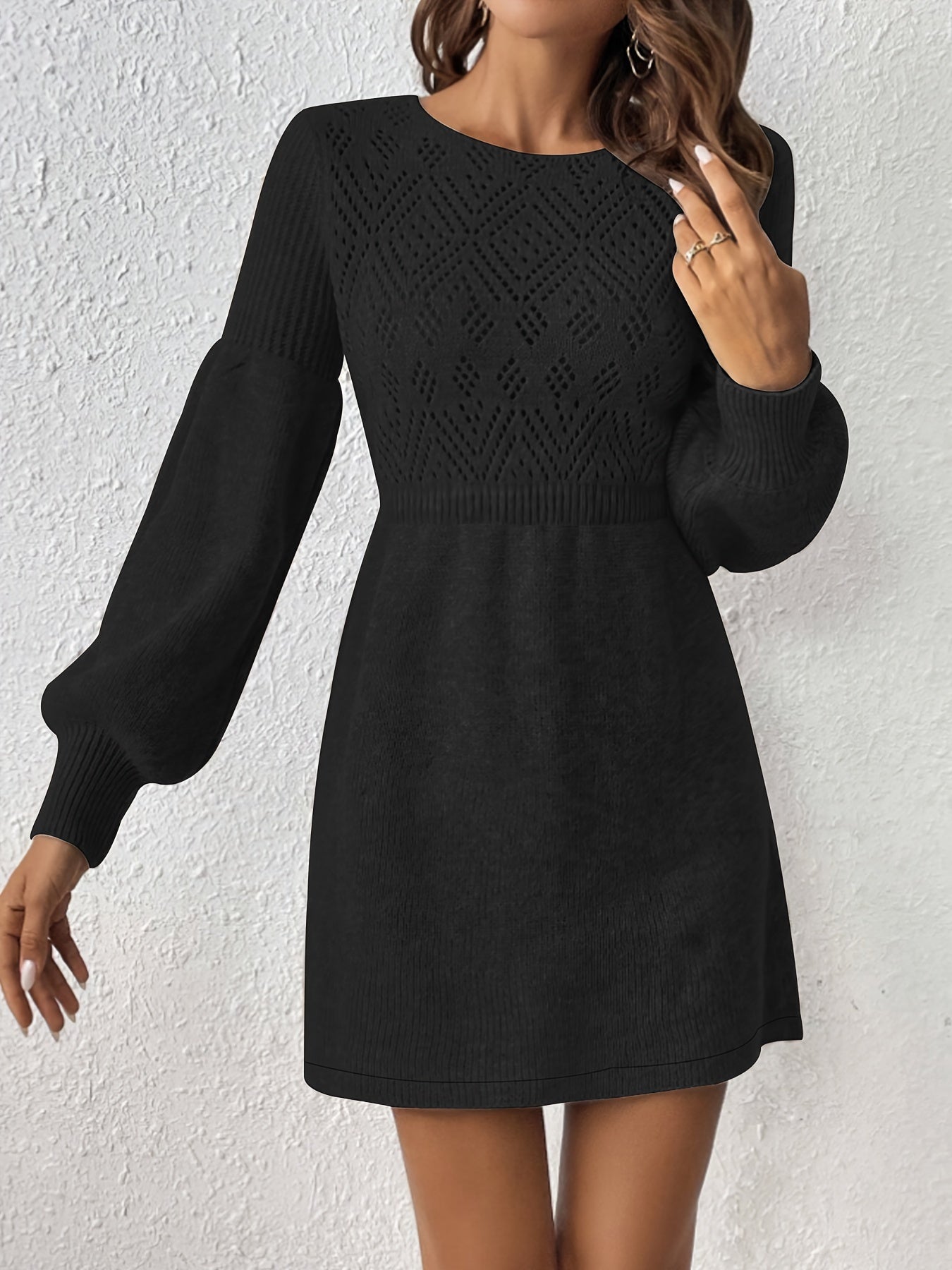 Casual Lochmuster Einfarbiges Strick Laternen Ärmel A-Linie Geraffte Taille Formelles Kleid Für Damen | Für formelle Anlässe