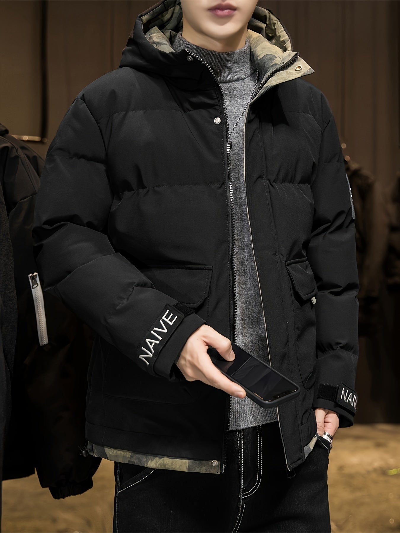 Stilvolle Tarnung Kapuzen-Winterjacke Für Herren | Perfekt für Outdoor-Aktivitäten