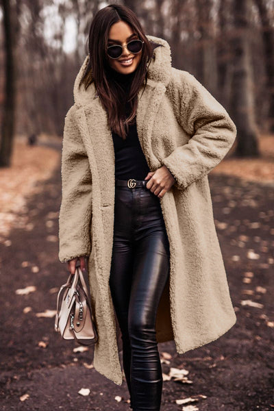 Damen Teddyfell-Mantel mit Kapuze – Stylischer und warmer langer Wintermantel für kalte Tage