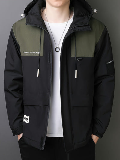Lässige Schwarze Baumwoll-Kapuzen Windbreaker Winterjacke Für Herren | Perfekt für Outdoor-Aktivitäten
