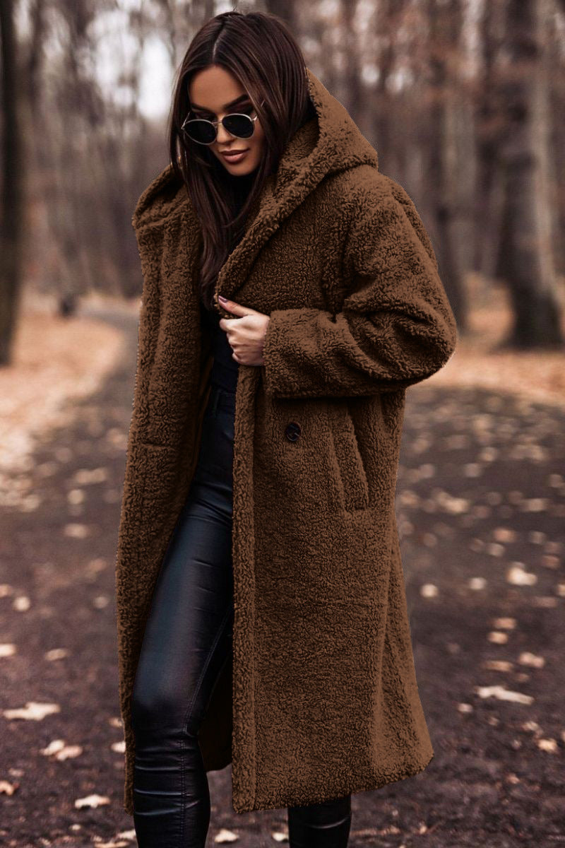 Damen Teddyfell-Mantel mit Kapuze – Stylischer und warmer langer Wintermantel für kalte Tage