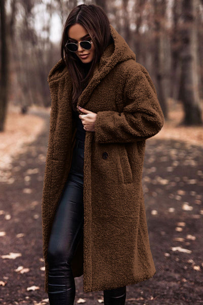 Damen Teddyfell-Mantel mit Kapuze – Stylischer und warmer langer Wintermantel für kalte Tage