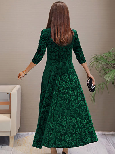 Elegantes V-Ausschnitt Langarm Blumenmusterformelles Kleid Für Damen | Für formelle Anlässe