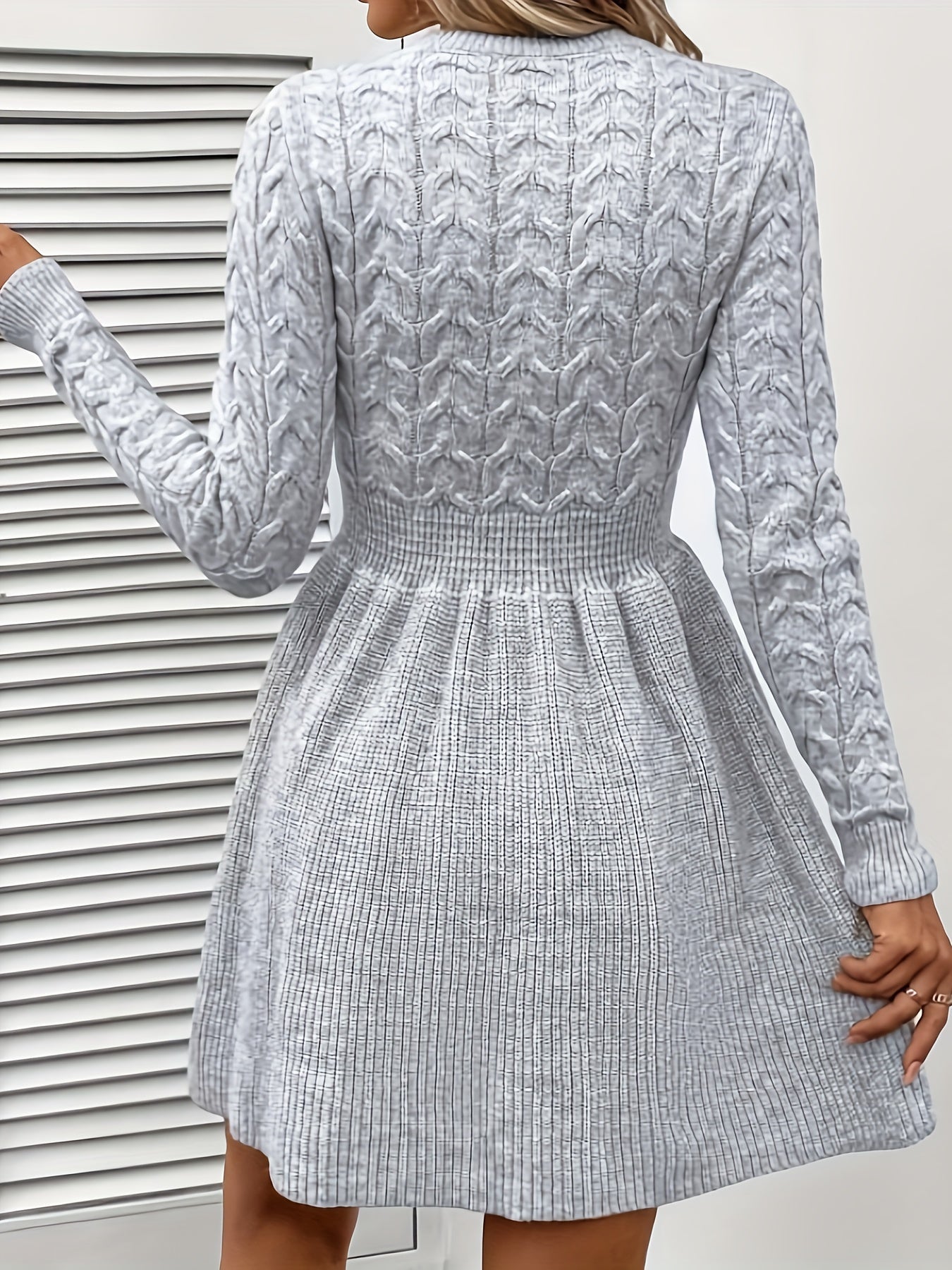 Casual Einfarbiges Kabelstrick Geraffte Taille Rüschen Saum Langarm Formelles Kleid Für Damen | Für formelle Anlässe