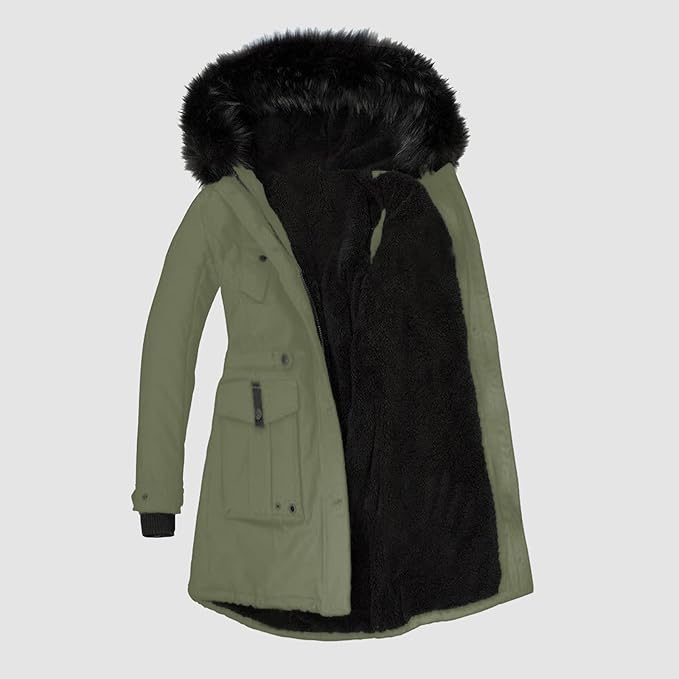 Damen Stilvolle Parka mit Schwarzem Kunstfellbesatz