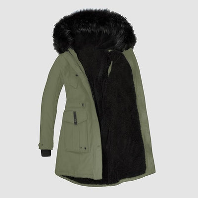 Damen Stilvolle Parka mit Schwarzem Kunstfellbesatz