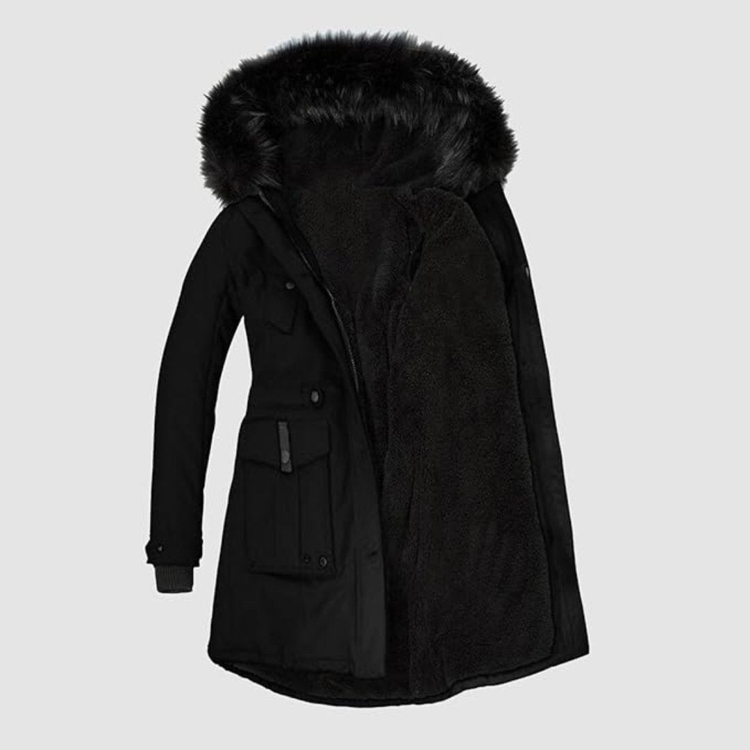 Damen Stilvolle Parka mit Schwarzem Kunstfellbesatz