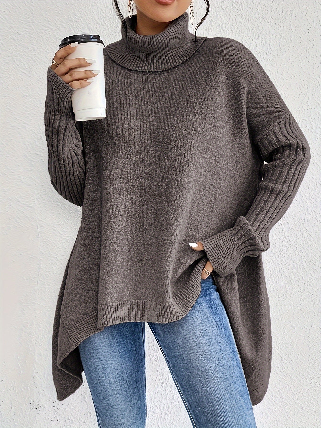 Lässiger Baumwollpullover mit asymmetrischem Saum und Rollkragen für Damen | Perfekt für Alltagstrage