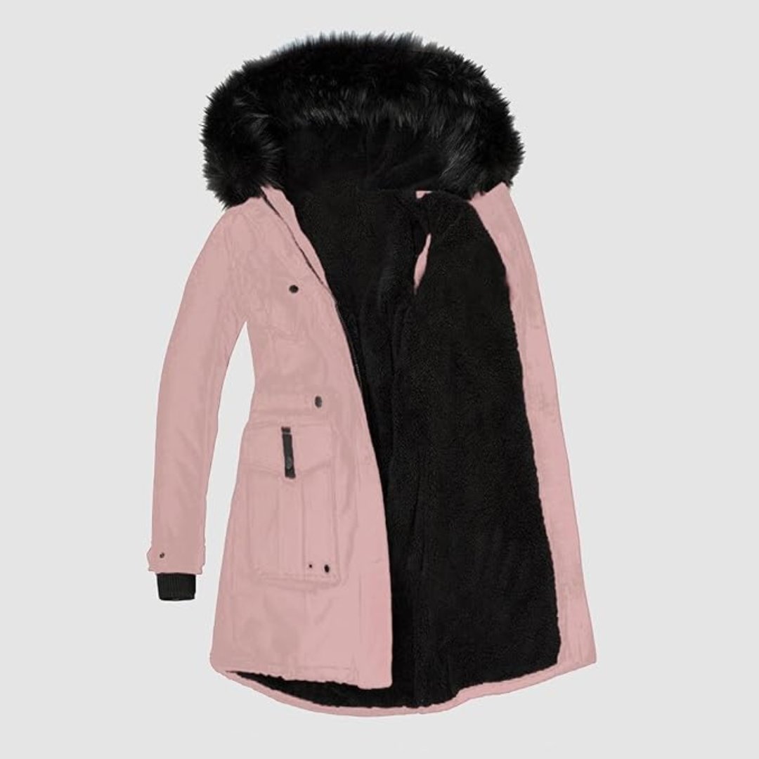 Damen Stilvolle Parka mit Schwarzem Kunstfellbesatz
