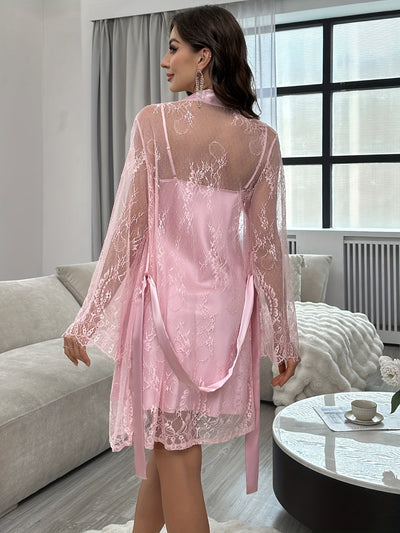 Bequemes Satin Kleid Und Durchsichtige Robe Pyjama Set Für Damen | Luxus für Alltagstragen