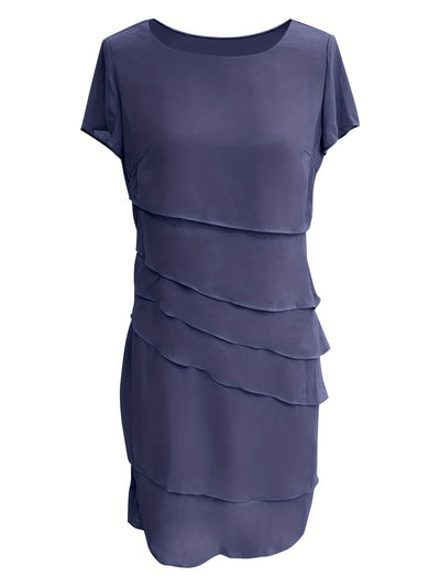 Stylisches Unifarben Geschichtetes Besatz Rundhals Kurzarmformelles Kleid Für Damen | Für formelle Anlässe
