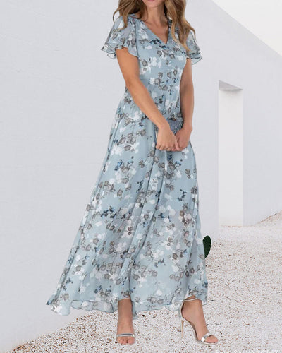 Trixia - Florales Maxikleid Damen | Chiffonstoff luftiges Sommerkleid | Maxikleid mit fließendem Rock