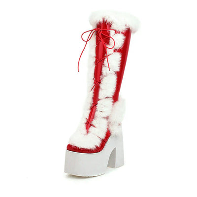 Damen Plateau-Stiefel – Extravagante Kniehohe Stiefel mit Kunstfell und Schnürung - Weihnachten