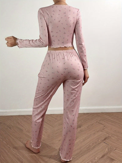 Schickes Blumenmuster Geripptes Outfit-Set Mit V-Ausschnitt-Crop Für Damen | Perfekt für Casual Days