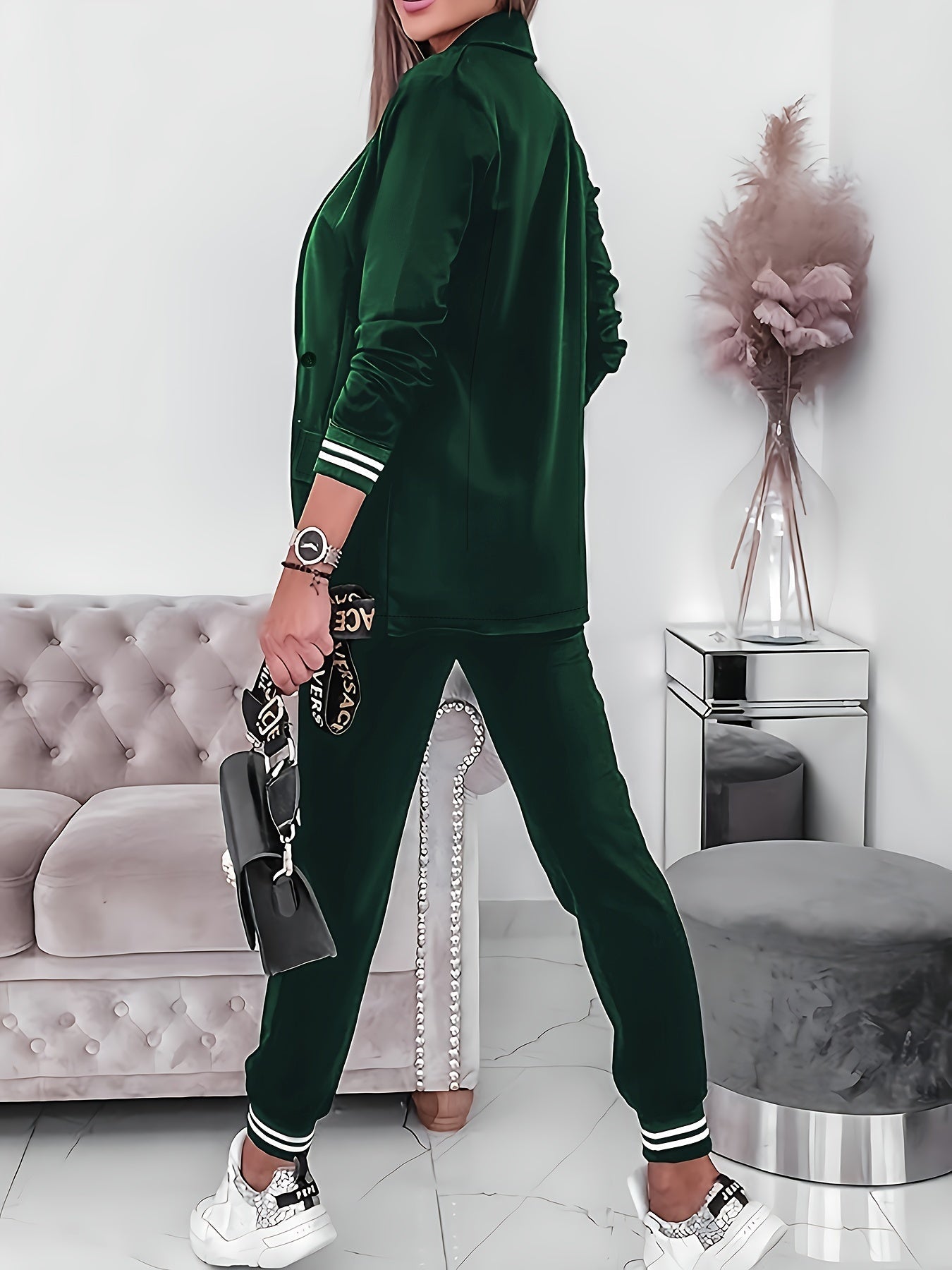 Stilvolles Kontrastierendes Besatz Knopf-Front Zweiteiliges Blazer Set Für Damen | Für formelle Anlässe
