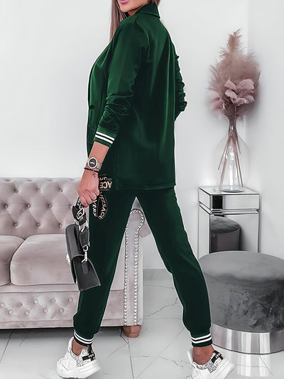 Stilvolles Kontrastierendes Besatz Knopf-Front Zweiteiliges Blazer Set Für Damen | Für formelle Anlässe