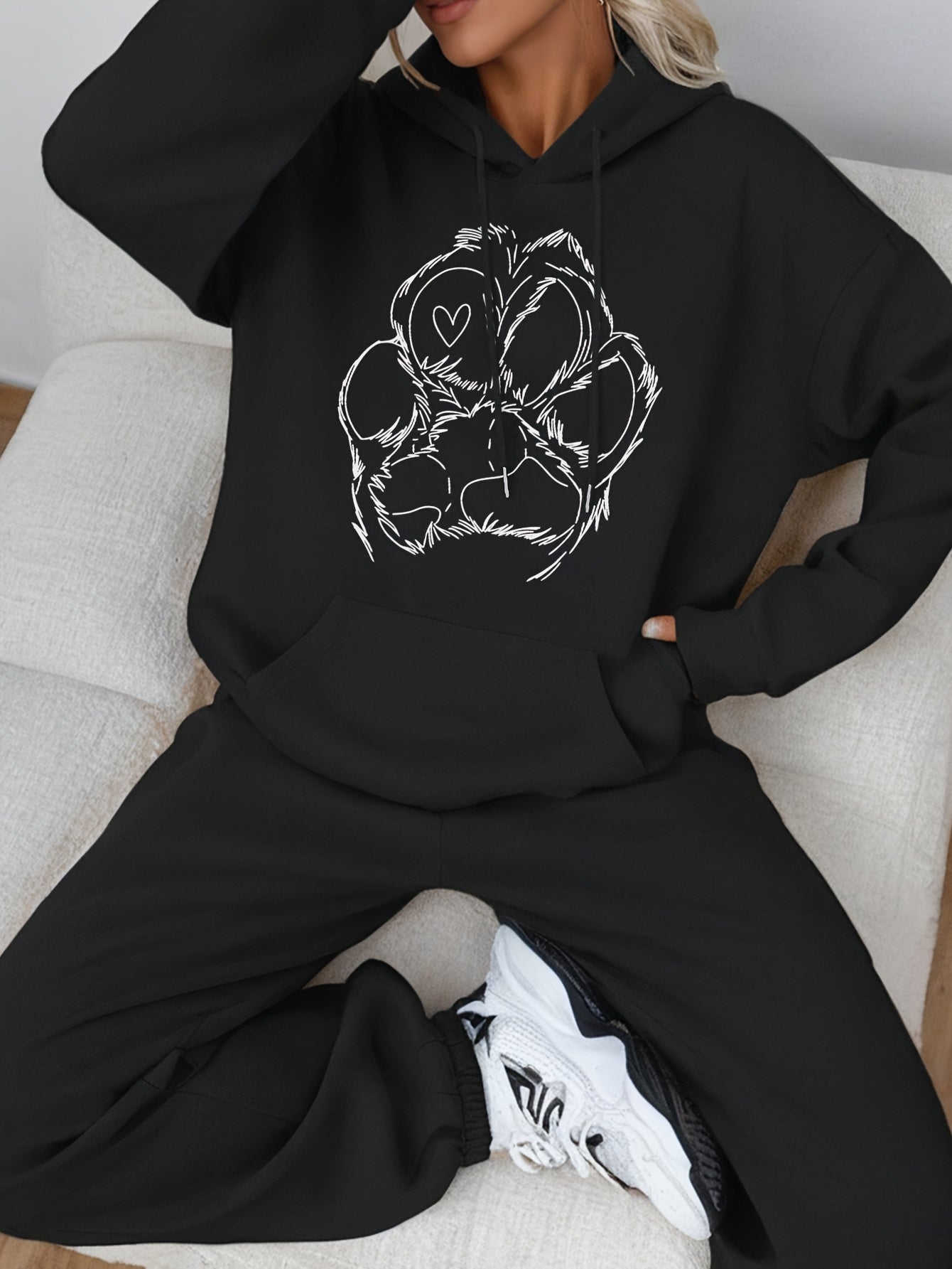 Stilvoller Baumwollpullover Mit Pfotenabdruck & Jogginghose Für Damen | Ideal für Herbst/Winter