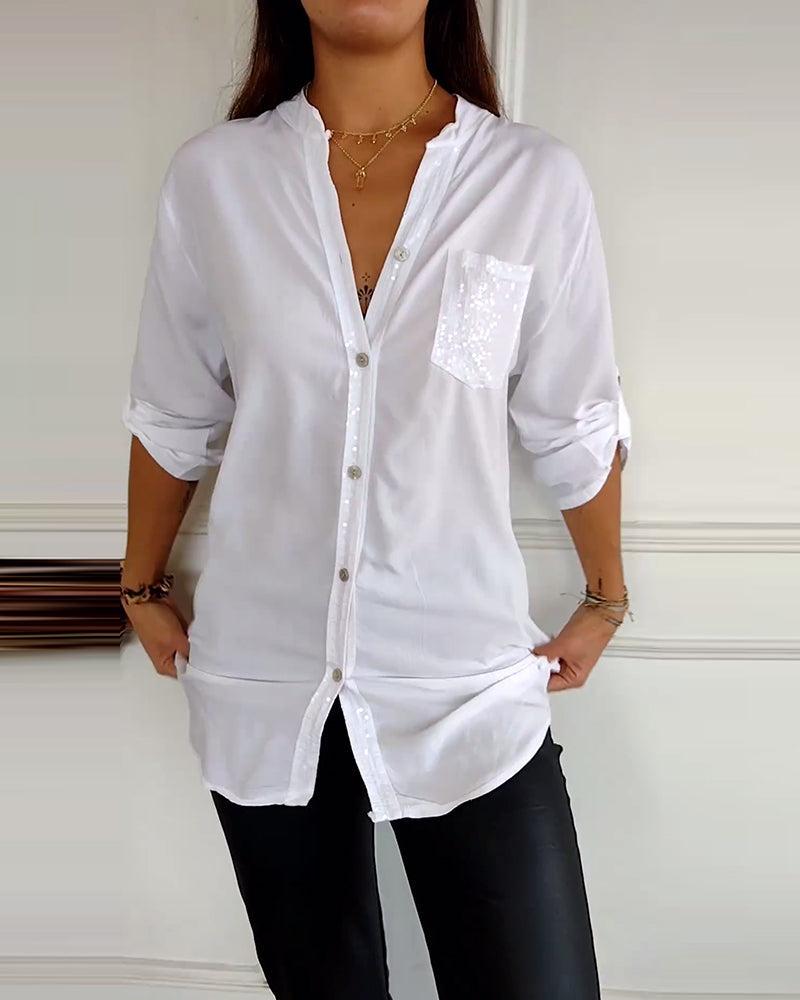 Amelia - Schicke Bluse mit Knopfleiste und Paillettenbesatz für Damen | Elegante Langarmbluse mit Paillettentasche
