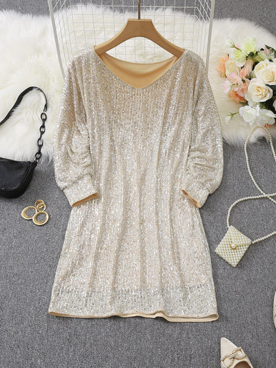 Casual Kontrast Pailletten V-Ausschnitt Langarm Party Trage Formelles Kleid Für Damen | Für formelle Anlässe