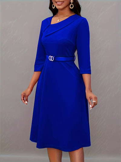 Stilvolles Einfarbiges Asymmetrisches Dekolleté Mit Gürtel 3/4 Ärmel Formelles Kleid Für Damen | Für formelle Anlässe