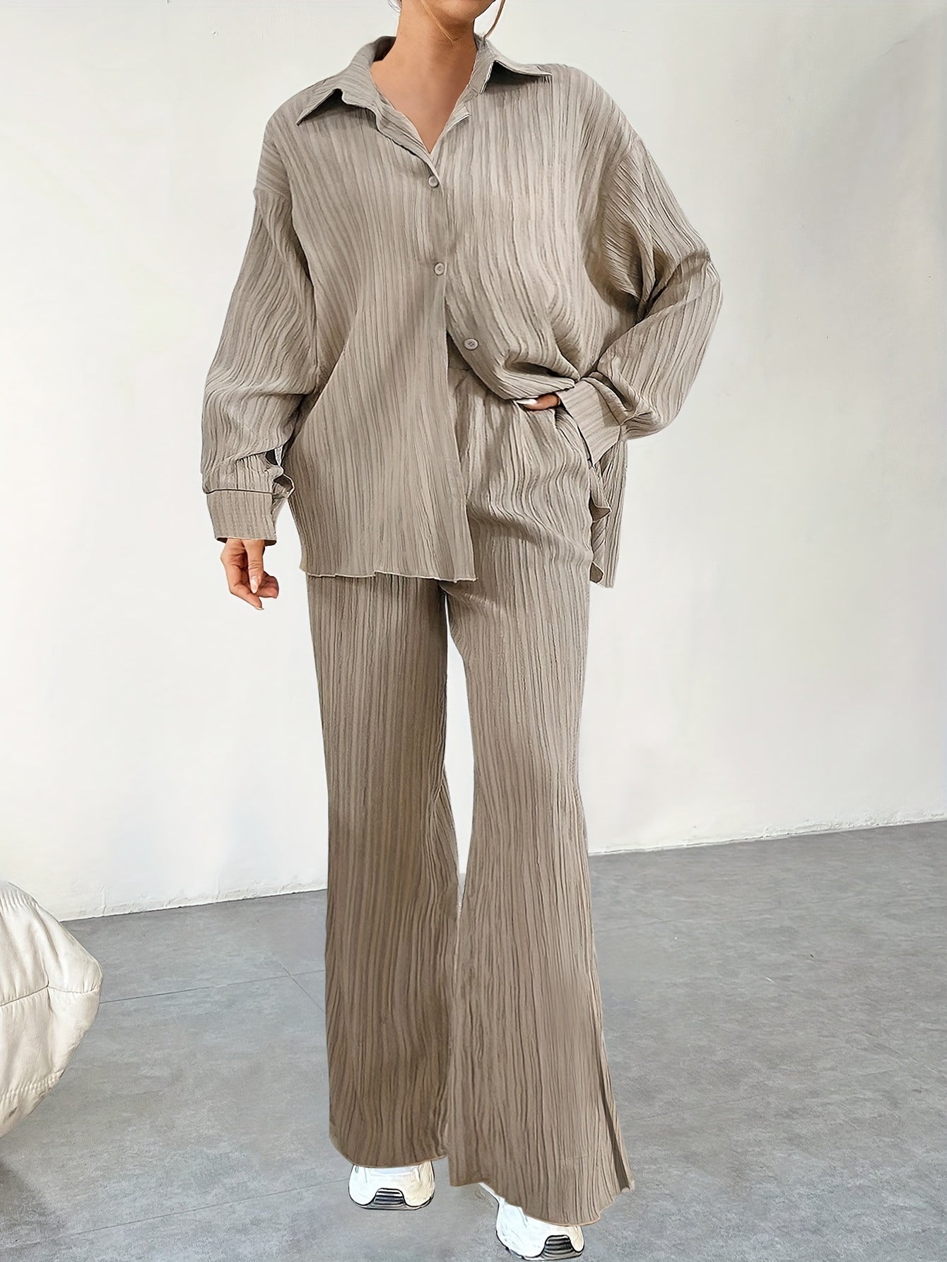 Bluse Mit Knopfleiste, Langarm & Elastische Taillenhose Outfit Set Für Damen | Ideal Für Herbst/Winter