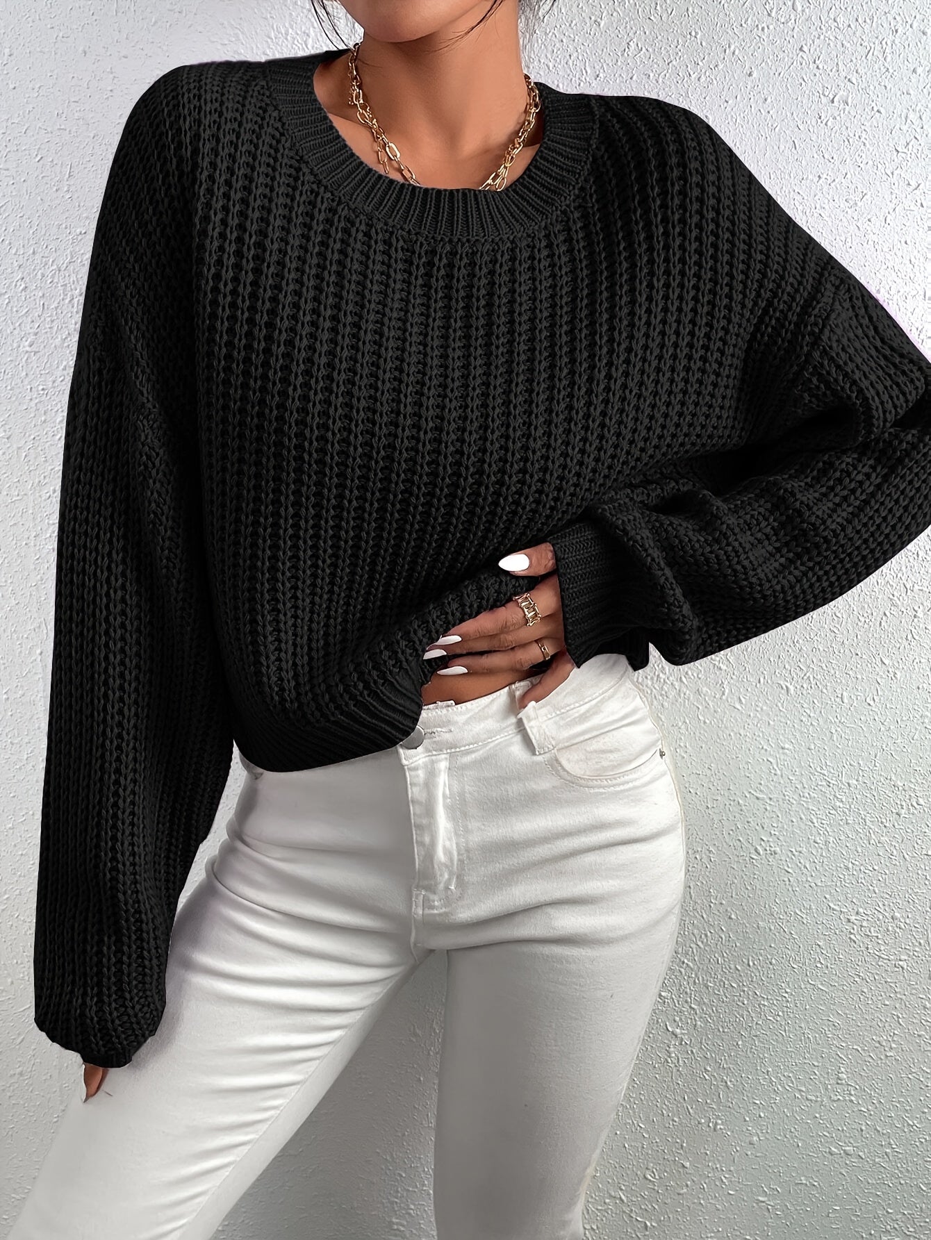 Lässiger einfarbiger Baumwollpullover mit Rundhalsausschnitt für Damen | Perfekt für den Alltag