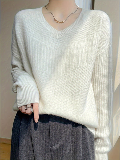 Lässiger V-Ausschnitt-Pullover aus 100% Wolle in einfarbigem Design für Damen | Perfekt für lässige Tage