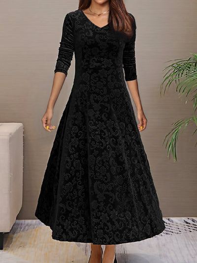 Elegantes V-Ausschnitt Langarm Blumenmusterformelles Kleid Für Damen | Für formelle Anlässe