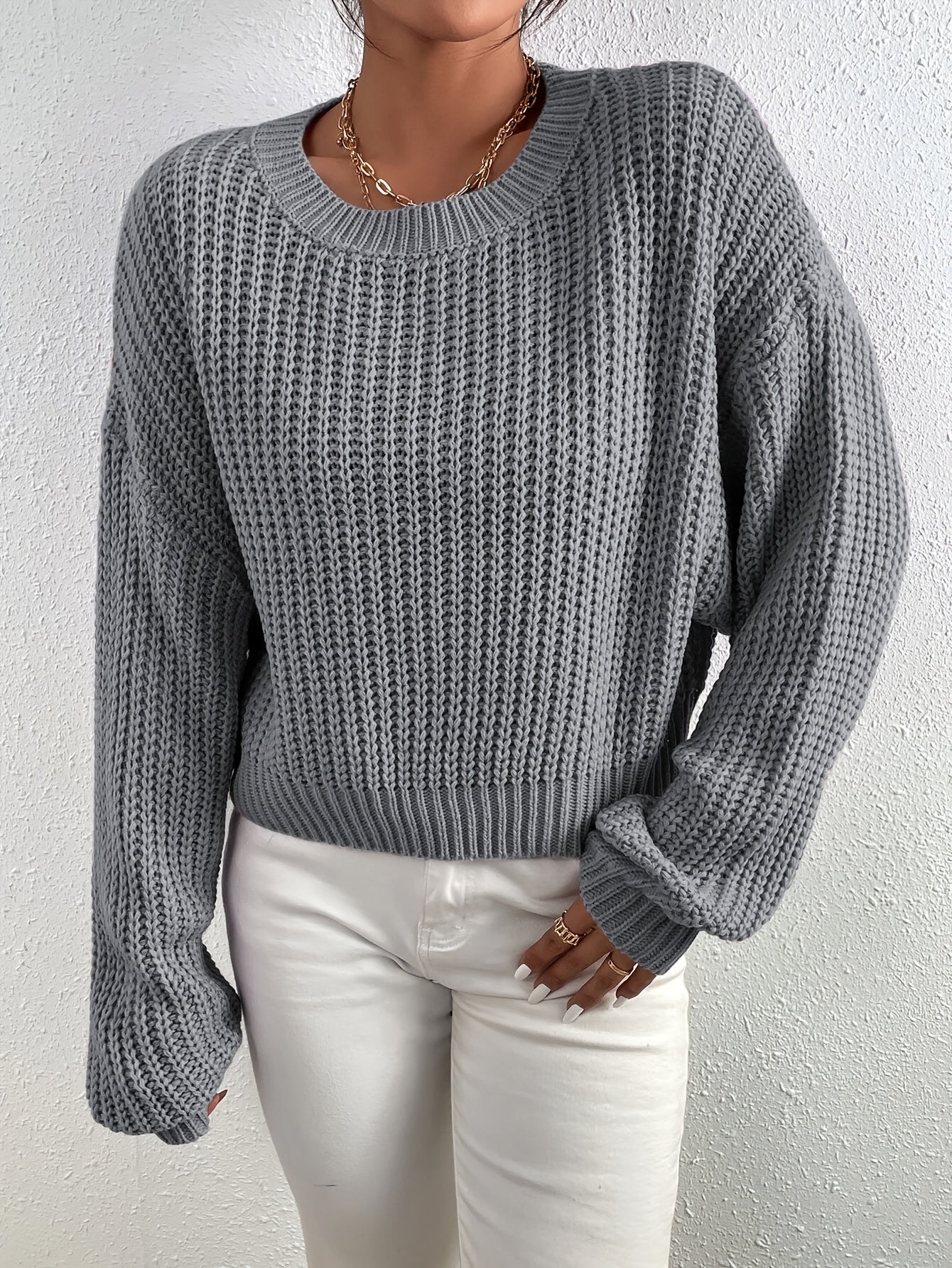 Lässiger einfarbiger Baumwollpullover mit Rundhalsausschnitt für Damen | Perfekt für den Alltag