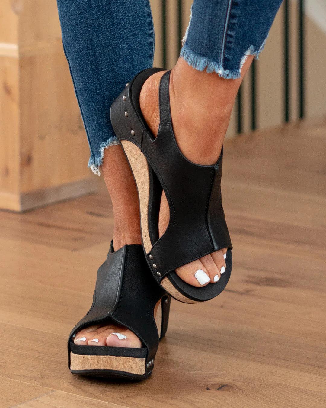 Tuna - Damen Plateau-Keilsandalen aus Kork mit Fesselriemchen | Stilvolle Sandalen mit offenem Zehenbereich und Keilabsatz für Damen