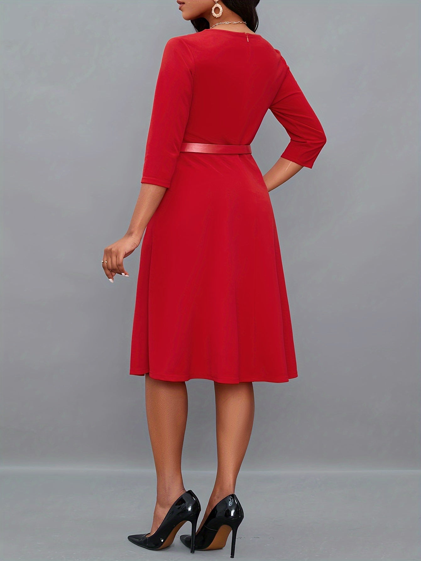 Stilvolles Einfarbiges Asymmetrisches Dekolleté Mit Gürtel 3/4 Ärmel Formelles Kleid Für Damen | Für formelle Anlässe