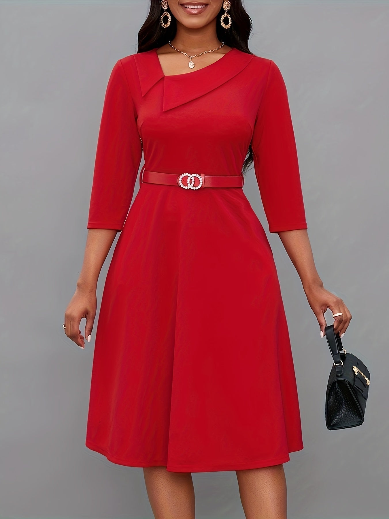Stilvolles Einfarbiges Asymmetrisches Dekolleté Mit Gürtel 3/4 Ärmel Formelles Kleid Für Damen | Für formelle Anlässe