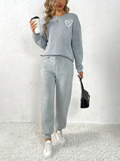Bequemer Pullover Mit Rundhals Und Herzmuster & Jogginghose Für Damen | Ideal für Herbst/Winter