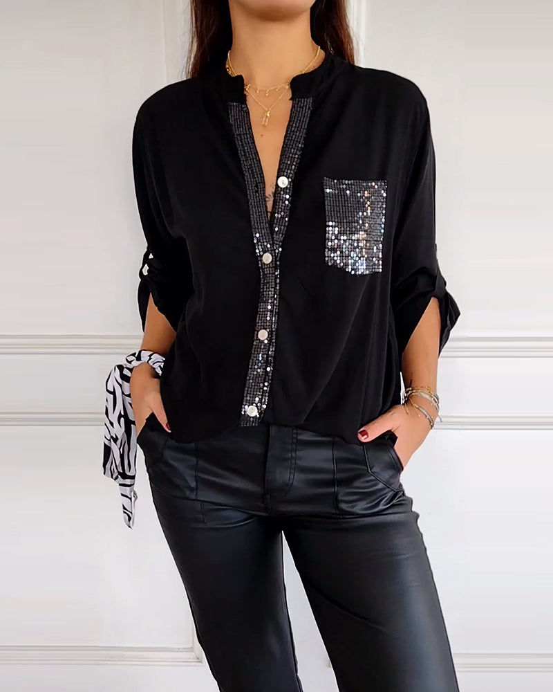 Amelia - Schicke Bluse mit Knopfleiste und Paillettenbesatz für Damen | Elegante Langarmbluse mit Paillettentasche