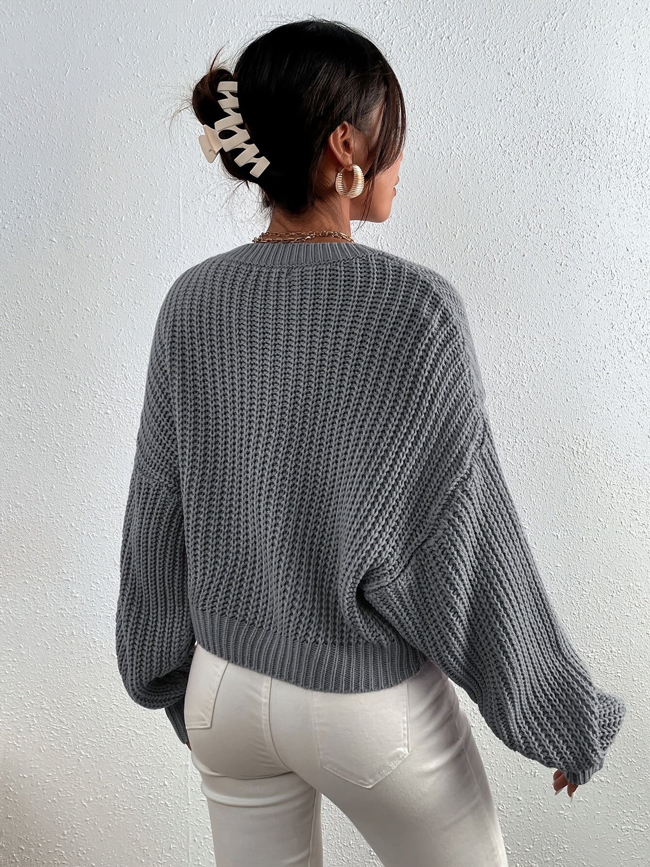 Lässiger einfarbiger Baumwollpullover mit Rundhalsausschnitt für Damen | Perfekt für den Alltag