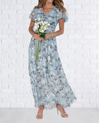Trixia - Florales Maxikleid Damen | Chiffonstoff luftiges Sommerkleid | Maxikleid mit fließendem Rock