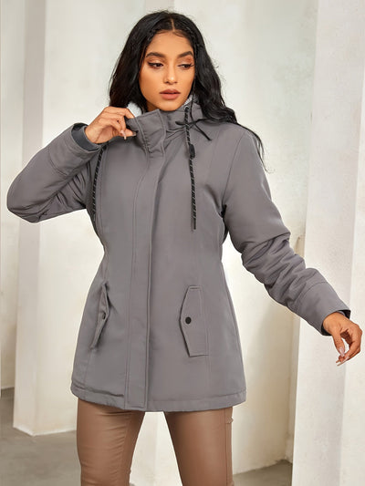 Graue lässige Fleece-Parka-Winterjacke mit Kapuze für Damen | Perfekt für kalte Tage