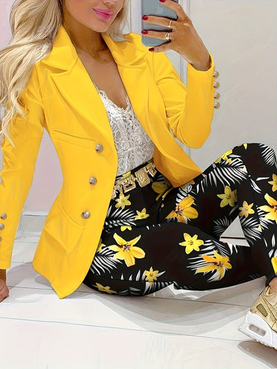 Eleganter Blumenmuster Hose Und Eintöniger Blazer Set Für Damen | Ideal für jeden Anlass