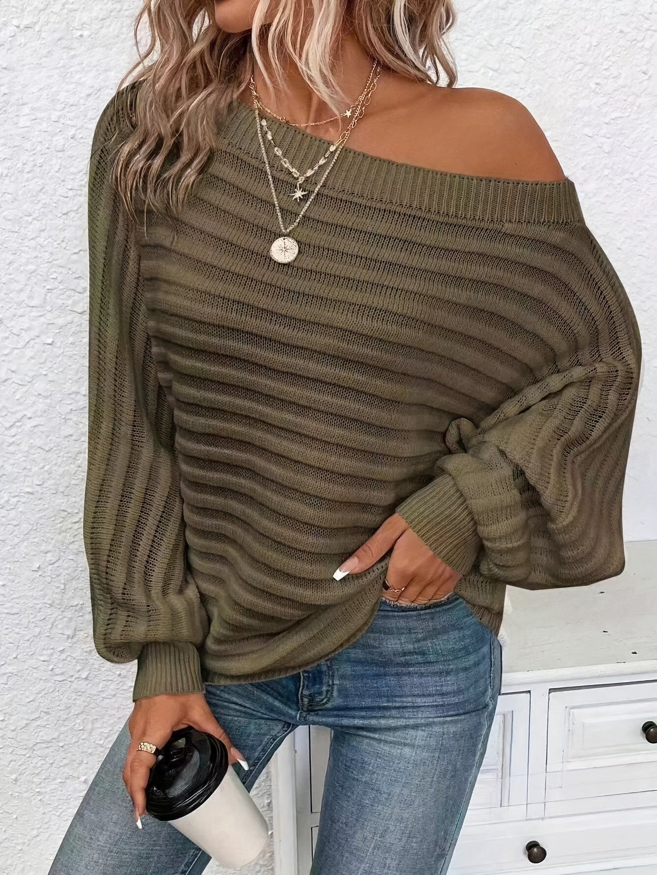Lässiger Off-Shoulder-Wollpullover mit bequemen Design für Damen | Perfekt für Casual Days