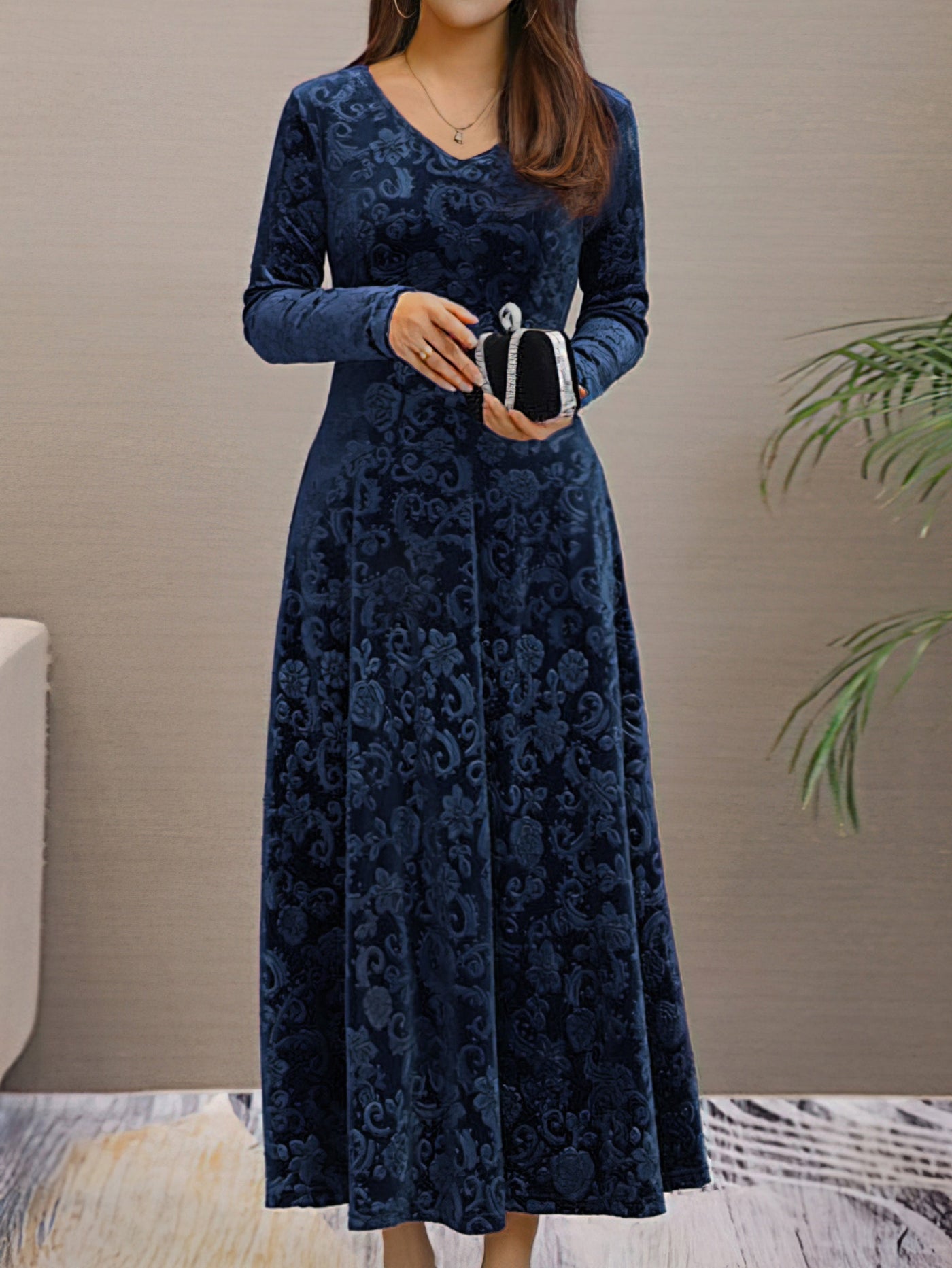 Elegantes V-Ausschnitt Langarm Blumenmusterformelles Kleid Für Damen | Für formelle Anlässe
