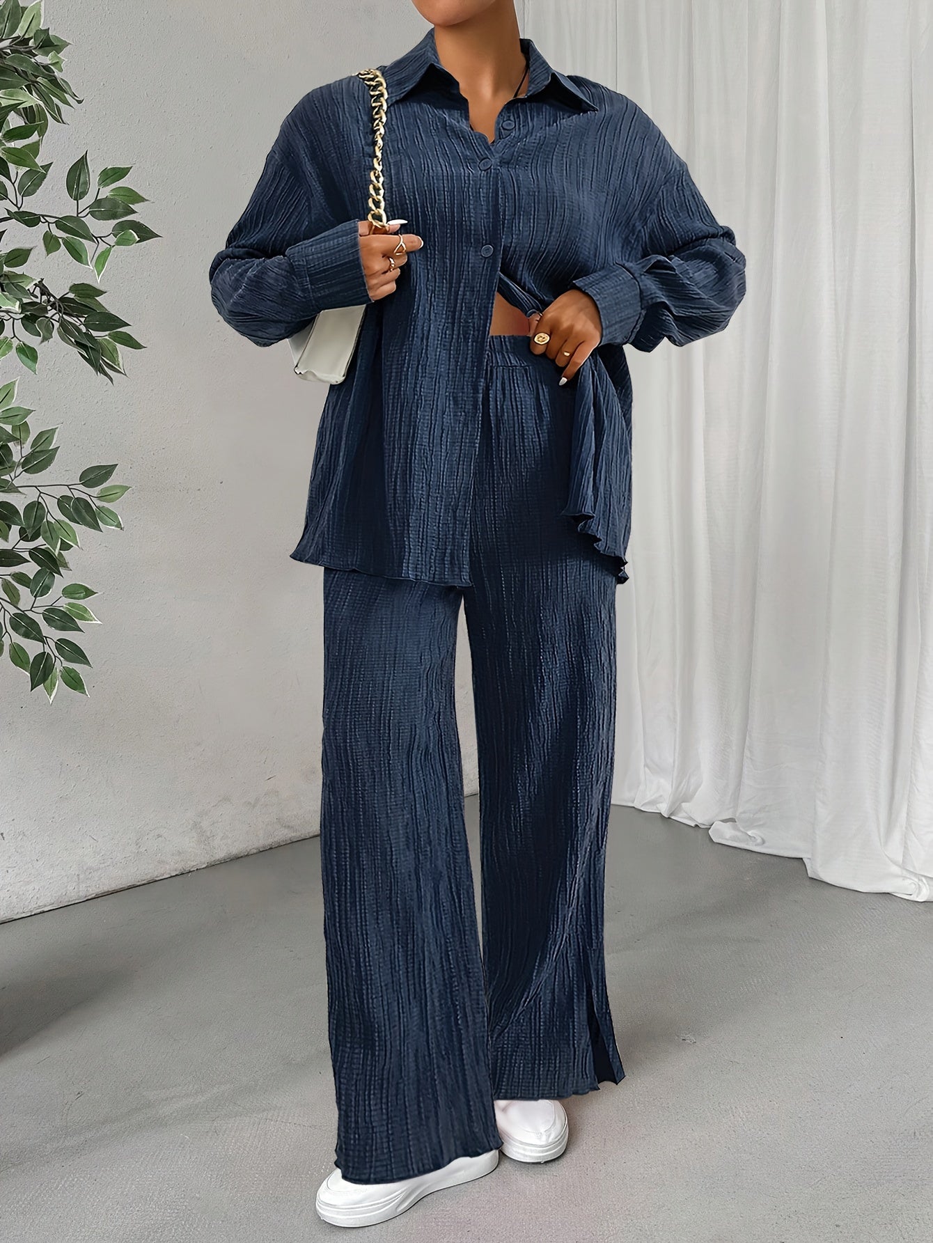 Bluse Mit Knopfleiste, Langarm & Elastische Taillenhose Outfit Set Für Damen | Ideal Für Herbst/Winter
