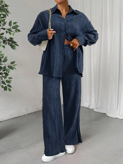 Bluse Mit Knopfleiste, Langarm & Elastische Taillenhose Outfit Set Für Damen | Ideal Für Herbst/Winter